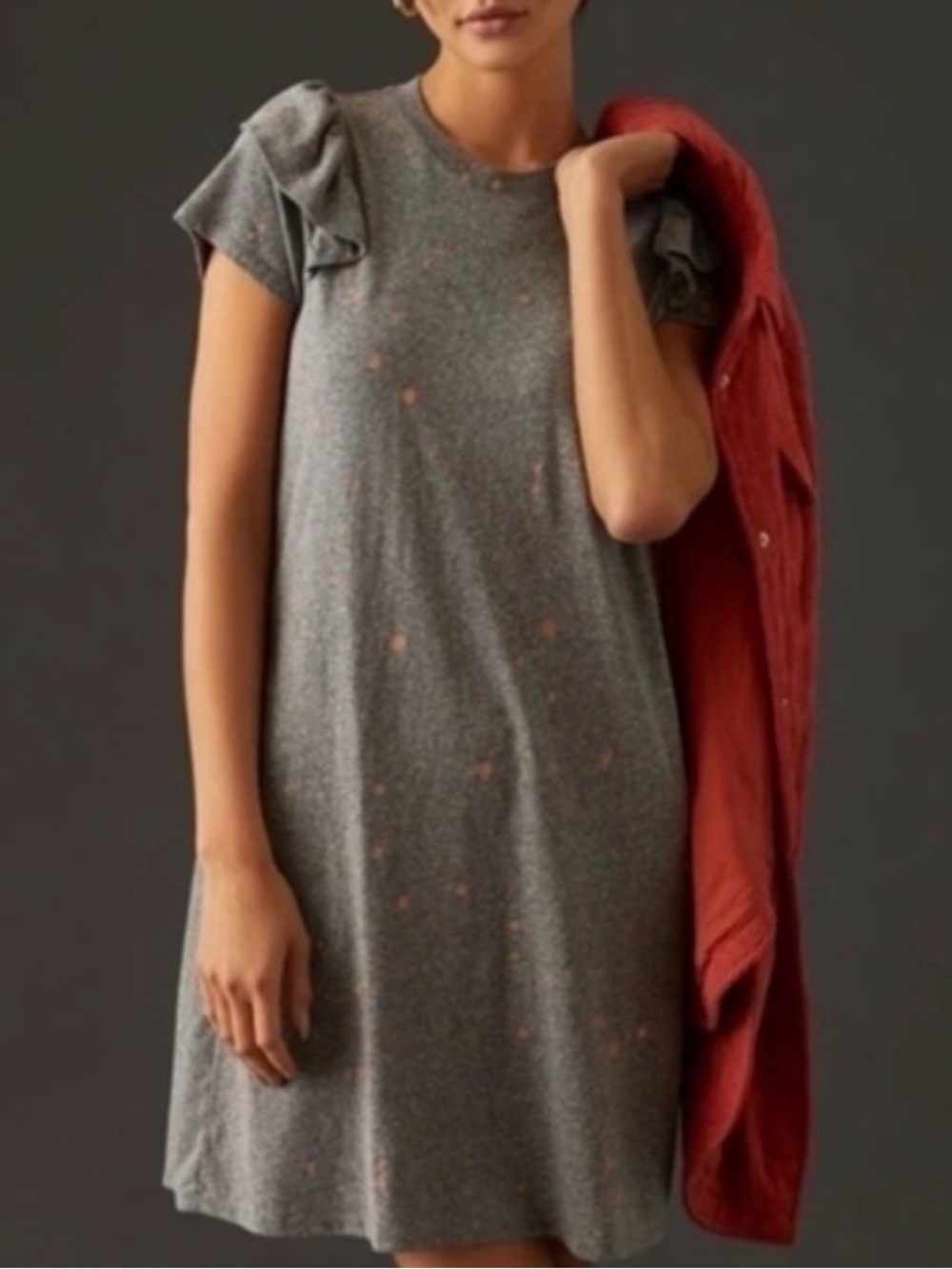 NWT Clare V. Charlotte Ruffle Dress - Heather Gray with coral paint dots